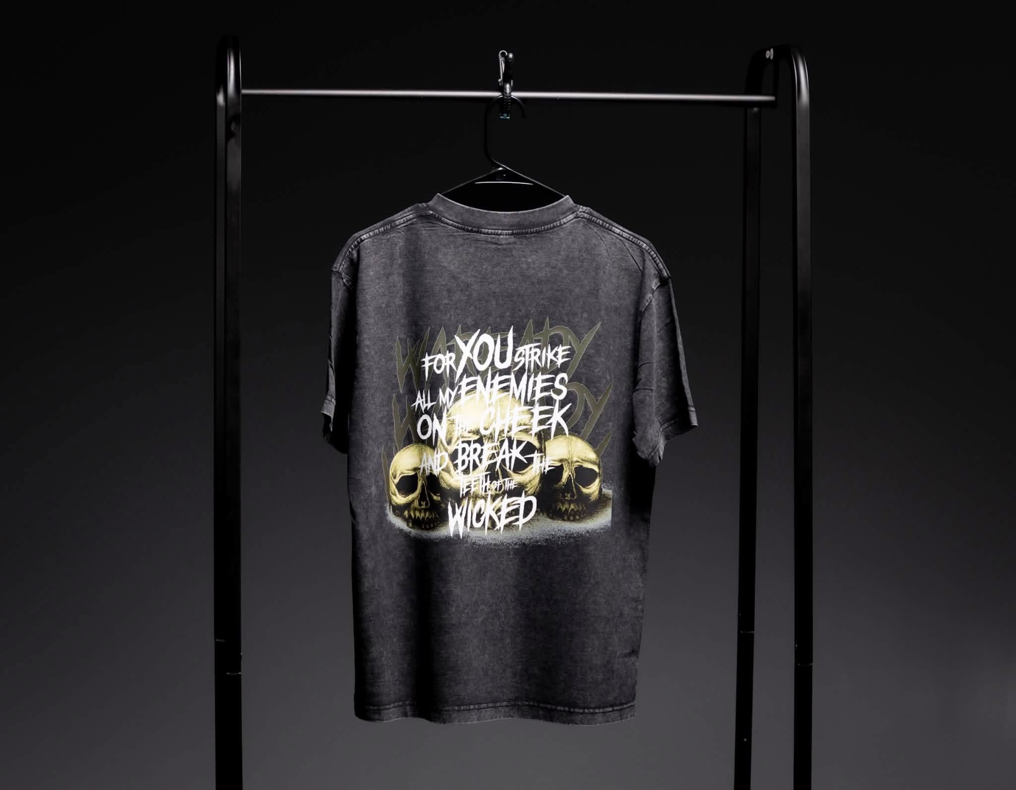 Back graphic tee with skulls and scripture-inspired text